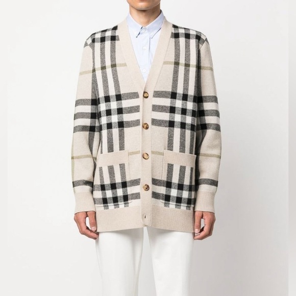 Burberry Signature Check Jacquard  Cardigan Wool Cashmere in Beige | size L - Picture 6 of 12